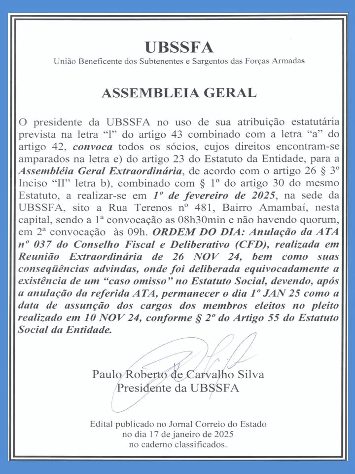Assembléia Geral Extraordinária dia 1º de Fevereiro de 2025